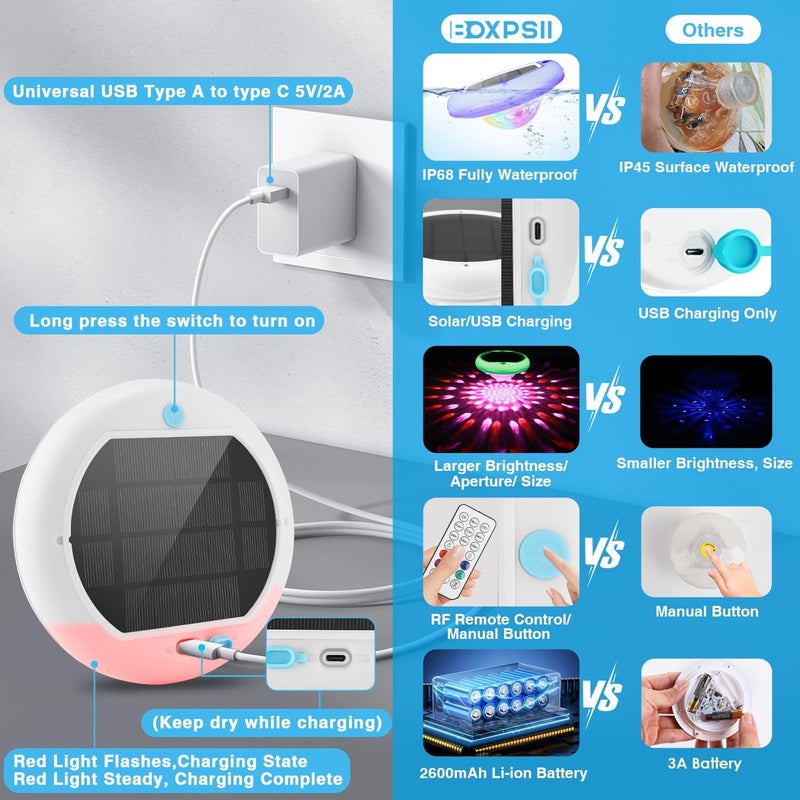 BOXPSII Floating Pool Lights, Solar and USB Rechargeable Pool Lights That Float with Remote, 2600mAh 6.7'' IP68 Waterproof 13 Colors Upper and Lower Glow Hot Tub Light Hangable Solar Light for Garden1 PACK - Image 2